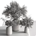 Decorative Ornament Set With Red Foliage In Three Different Sized Dark Vertical Stripe Vases 3d model