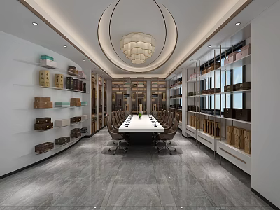 Elegant Modern Interior Space With Long Table Chairs Display Shelves And Chandelier 3d model