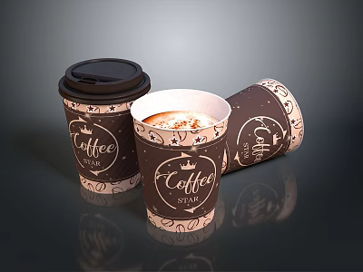 Paper Coffee Cups With Patterned Design And Coffee Print Featuring Lid And Spilled Drink 3d model