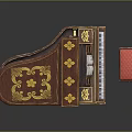 Ornately Decorated Grand Piano With Golden Patterns And Red Cushion Stool