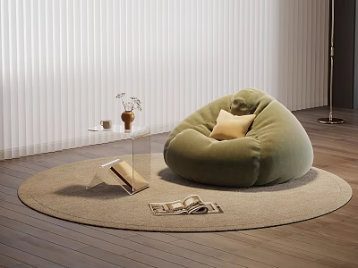 Cozy Living Area With Green Bean Bag Chair Round Rug Books And Wooden Floor 3d model