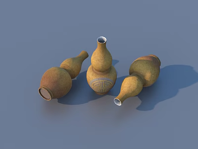 Three Gourd Shaped Brownish Yellow Ceramic Decorative Ornament Set With Patterned Detail 3d model