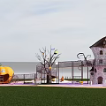 Park Landscape Featuring Children's Playground Pumpkin Structure Castle Tower Colorful Circular Ground And Green Lawn