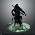 Detailed 3D Character Model With Hooded Cloak Dual Weapons And Glowing Green Base