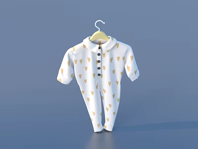 Cute White Baby Onesie With Yellow Heart Patterns And Buttons On Hanger 3d model