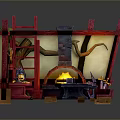 Man Working At Blacksmith Forge With Anvil Tools Workbench And Wooden Ladder