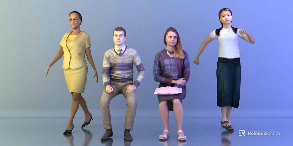 Group of People in Different Poses Standing and Sitting With Various Attire 3d model 
