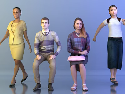 Group of People in Different Poses Standing and Sitting With Various Attire 3d model