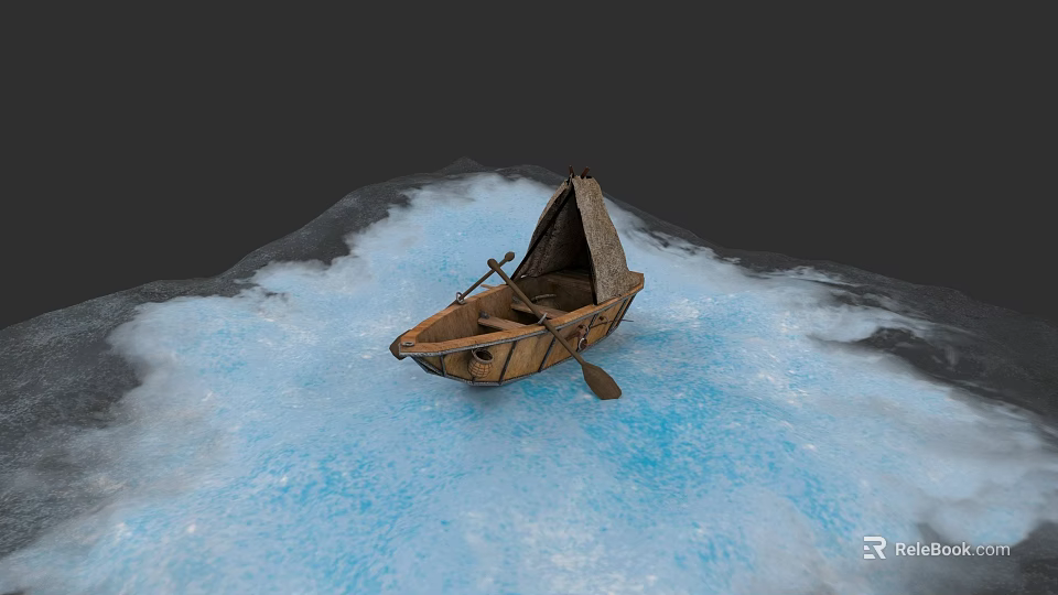 Wooden Boat With Canopy And Oar Floating On Icy Blue Surface 3d model 