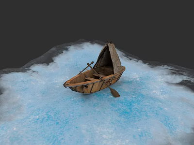 Wooden Boat With Canopy And Oar Floating On Icy Blue Surface 3d model