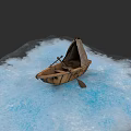 Wooden Boat With Canopy And Oar Floating On Icy Blue Surface