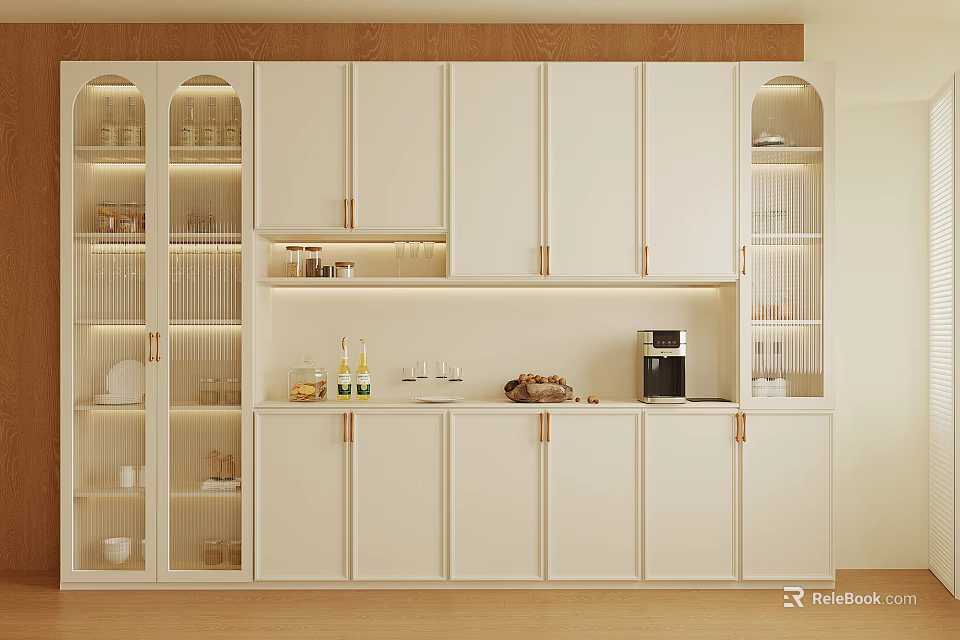 Modern Wine Cabinet With White Glass Doors And Warm Lighting In Open Kitchen Design 3d model 