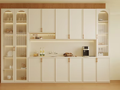 Modern Wine Cabinet With White Glass Doors And Warm Lighting In Open Kitchen Design 3d model