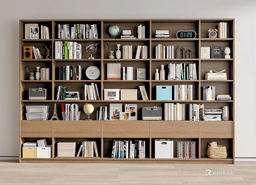 Wooden Bookshelf Interior With Organized Books And Decorative Items On Shelves 3d model 