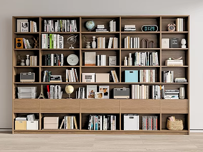 Wooden Bookshelf Interior With Organized Books And Decorative Items On Shelves 3d model