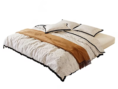 Cozy Bedroom Bedding Set With Patterned Bedspread Brown Blanket And Pillows 3d model