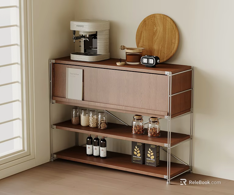 Modern Wooden Sideboard With Metal Frame Coffee Machine Wooden Tray Glass Jars And Storage Shelves 3d model 