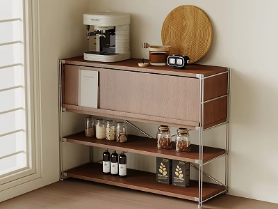 Modern Wooden Sideboard With Metal Frame Coffee Machine Wooden Tray Glass Jars And Storage Shelves 3d model