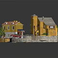 Vibrant Cartoon Scene With Colorful Houses Red Roofs Green Trees Blue Pond And Red Car