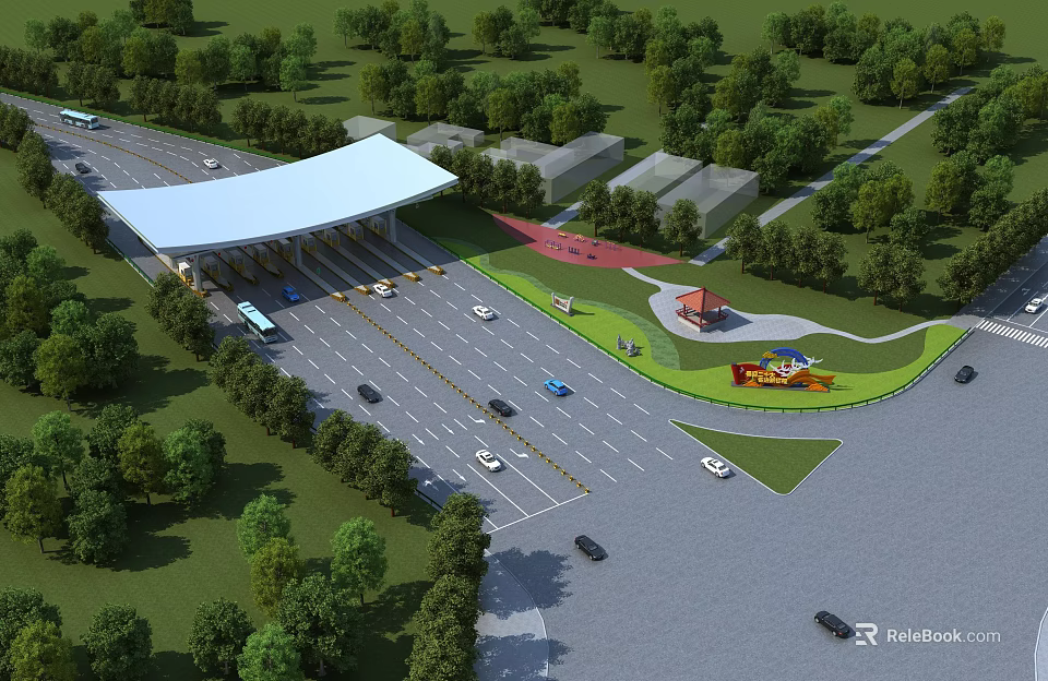 Aerial Planning of Road Network With Parking Area Vehicles Buildings and Greenery 3d model 