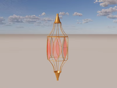 Golden Frame Lantern With Pink Glass Panels Against Blue Sky Background 3d model