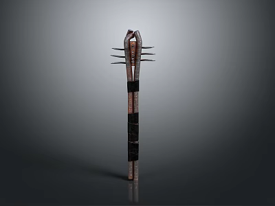 Traditional Long Handle Weapon with Multiple Spikes and Decorative Red Black Stripes 3d model