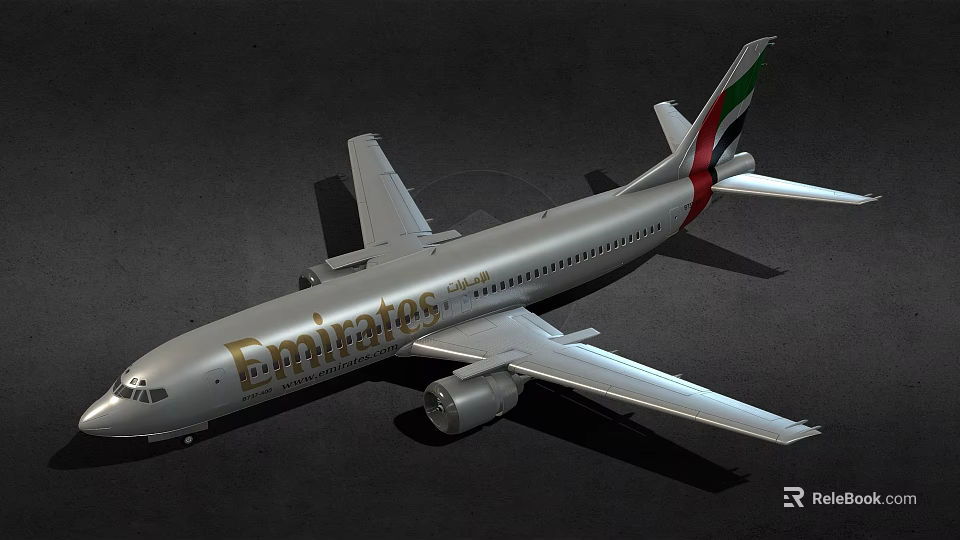 Emirates Passenger Airplane With Silver Body And Branding On Dark Background 3d model 