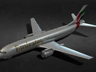 Emirates Passenger Airplane With Silver Body And Branding On Dark Background 3d model