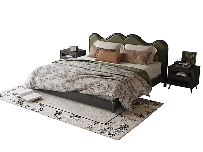 Cozy Modern Double Bed with Curved Headboard Patterned Quilt Pillows Nightstands and Decorative Rug 3d model