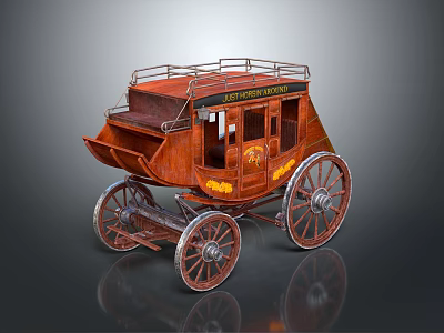 Vintage Old West Wooden Stagecoach With Decorative Details And Spoked Wheels 3d model