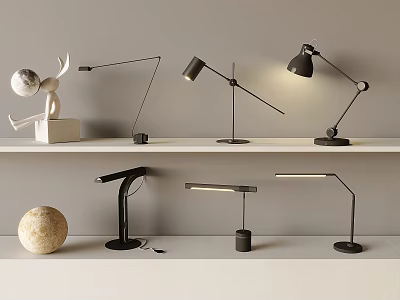 Modern Table Lamps Display On Shelves With Decorative Sphere And Sculpture 3d model
