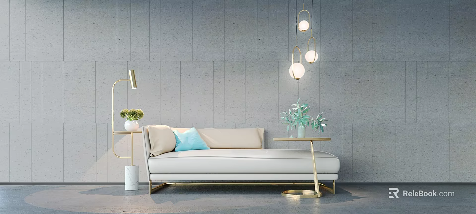 Modern Beige Chaise Lounge with Gold Frame Green Plants and Hanging Lights 3d model 