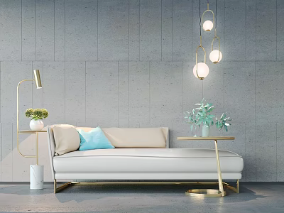 Modern Beige Chaise Lounge with Gold Frame Green Plants and Hanging Lights 3d model