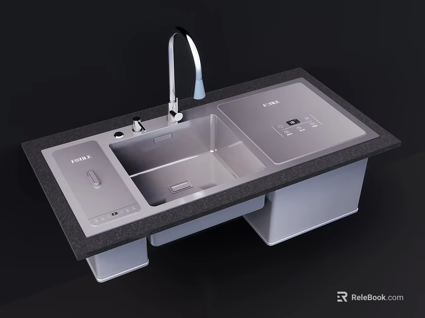 Modern Kitchen Double Bowl Sink With Stainless Steel Faucet And Black Countertop 3d model 