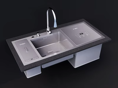 Modern Kitchen Double Bowl Sink With Stainless Steel Faucet And Black Countertop 3d model