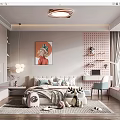 Kids Room Interior Design With Bed Pillows Toys Decorative Painting Shelves Desk And Chair