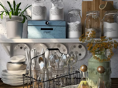 Organized Kitchen Shelf With Glass Jars Cooking Utensils White Plates And Vase 3d model