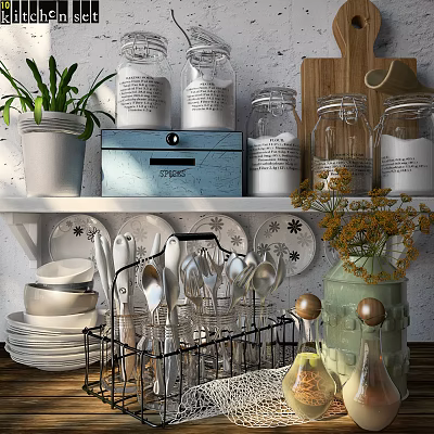 Organized Kitchen Shelf With Glass Jars Cooking Utensils White Plates And Vase 3d model