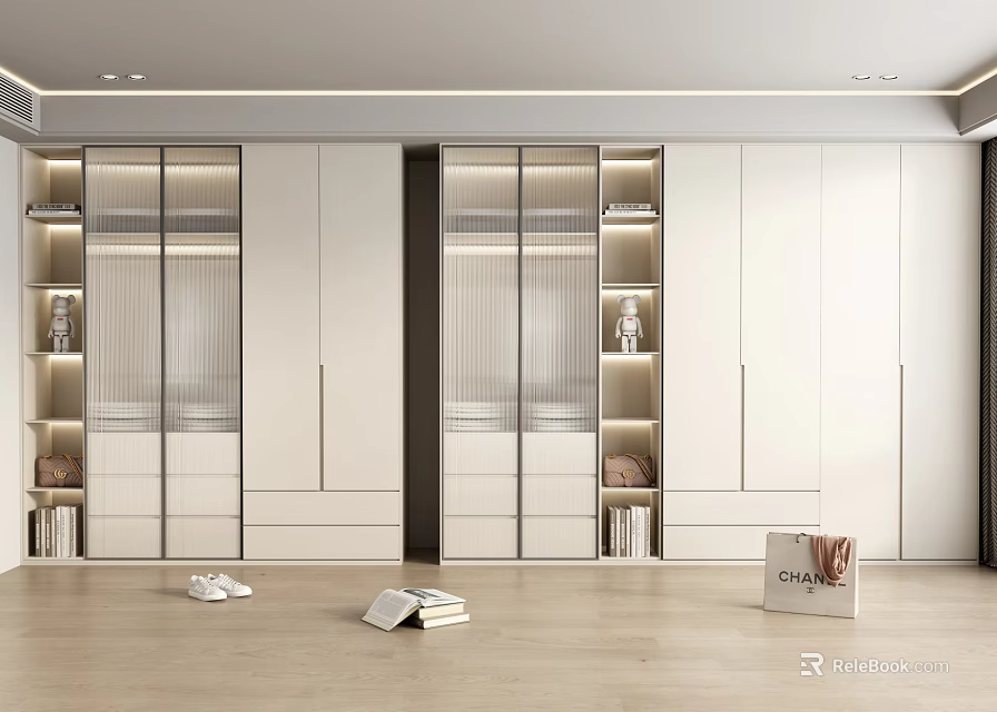 Modern Wardrobe Interior Design With White Glass Doors Ample Storage And Neat Layout 3d model 