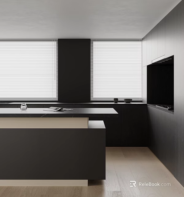 Modern Kitchen Interior With Dark Cabinets Island Counter And Window Blinds 3d model
