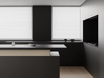 Modern Kitchen Interior With Dark Cabinets Island Counter And Window Blinds 3d model