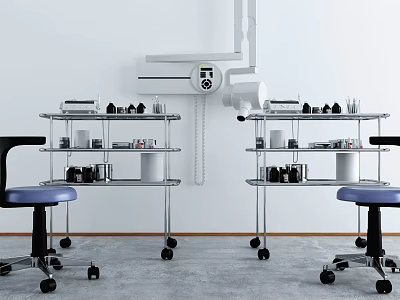 Medical Devices on Metal Rolling Shelves with Supplies Against White Walls and Beside Blue Chairs 3d model