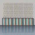 Modern White Hinged Door with Turquoise Brown Striped Cabinet and Reflective Surface