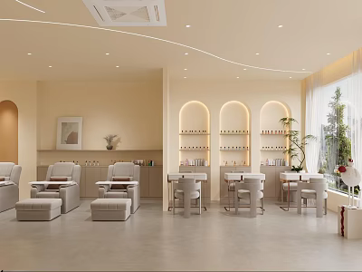 Cozy Modern Beauty Salon Interior Design With Sofas Tables Shelves And Plants Windows 3d model