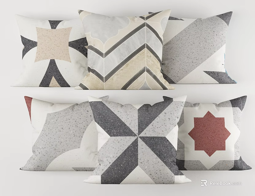 Modern Decorative Throw Pillows With Geometric Patterns And Gray Beige Black Red Tones 3d model 