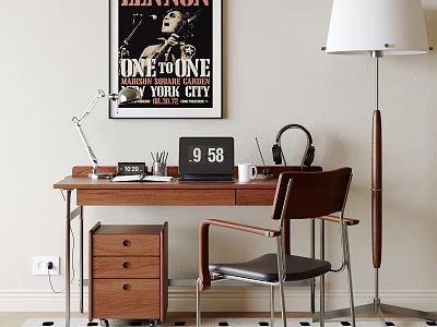 Walnut Desk And Leather Chair With Floor Lamp Lennon Poster Desk Lamp Headphones Clock 3d model