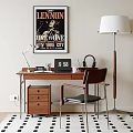 Walnut Desk And Leather Chair With Floor Lamp Lennon Poster Desk Lamp Headphones Clock