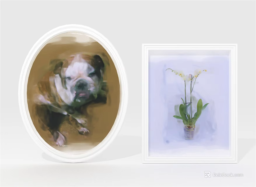 Oval Frame Bulldog Portrait And Square Frame Potted Orchid Wall Decor Pieces 3d model 