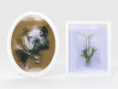 Oval Frame Bulldog Portrait And Square Frame Potted Orchid Wall Decor Pieces 3d model