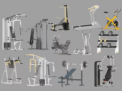 Essential Home Gym Fitness Equipment Including Treadmill Rowing Machine and Dumbbells 3d model
